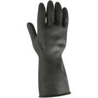 Un gant ménager Thor Black Heavy Duty en latex de la société Abena Re-Seller GmbH, présenté debout : il s'agit d'un gant noir unique, doté d'une surface texturée sur la paume et le bout des doigts, les doigts tendus, représenté sur un fond blanc uni.