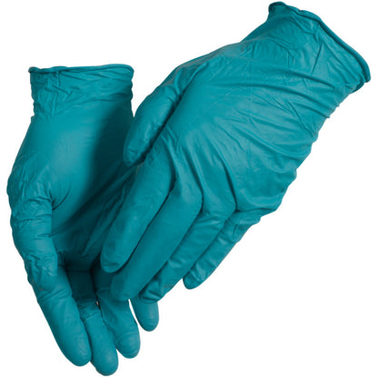 Ein Paar grüne Thor Ultra Tough Einweg-Nitrilhandschuhe von Abena Re-Seller GmbH, die an beiden Händen getragen werden und vor einem weißen Hintergrund abgebildet sind - ideal für Aktivitäten im Freien aufgrund ihrer außergewöhnlichen Haltbarkeit.