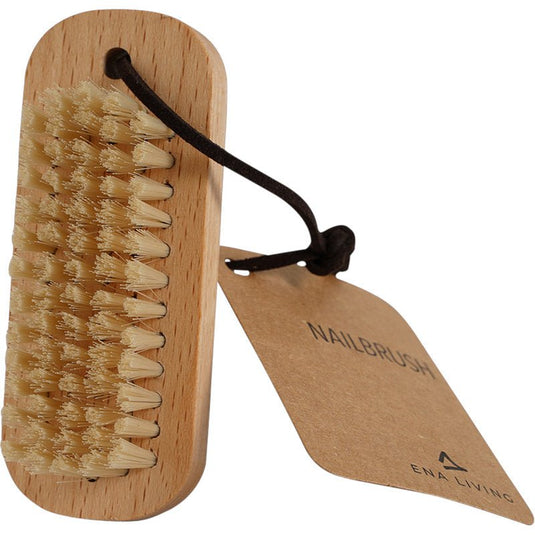 De ENA Living nagelborstel, beuk (24 stuks) van Abena Re-Seller GmbH is voorzien van stijve borstelharen, een bruine koordlus en een „NAILBRUSH“-hanger – ideaal voor nagelverzorging en het reinigen van de nagels.