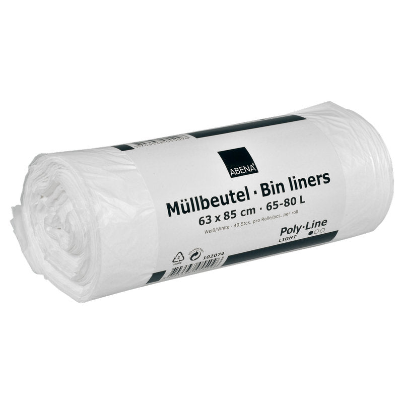 Een rol Abena Re-Seller GmbH vuilniszakken 65-80 L, 630x850 mm, 8 my HDPE in wit (40 zakken), gelabeld met "Müllbeutel - Bin liners" in het Duits en Engels, weergegeven op een witte achtergrond.