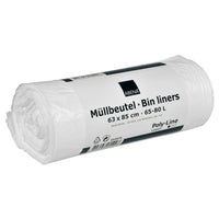 Een rol afvalzakken van Abena Re-Seller GmbH, 65-80 L, 630 x 850 mm, 8 my HDPE in wit (40 zakken), voorzien van de opdruk „Müllbeutel – Bin liners” in het Duits en Engels, gepresenteerd tegen een witte achtergrond.