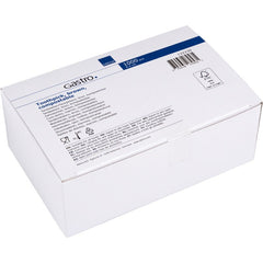 Une boîte en carton blanc portant la mention « Cure-dents, 65 mm, sans emballage, en bois | Paquet (1 000 pièces) » de la société Abena Re-Seller GmbH, avec des informations sur le produit, des symboles et un code-barres figurant sur une étiquette bleue et blanche.