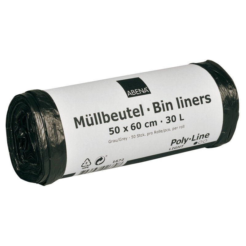 Een rol Abena Re-Seller GmbH vuilniszakken 30 L, 500x600 mm, 4,5 my HDPE, grijs, is voorzien van een wit etiket met het opschrift "Vuilniszakken - Bin Liners" en bevat 50 zakken per rol.
