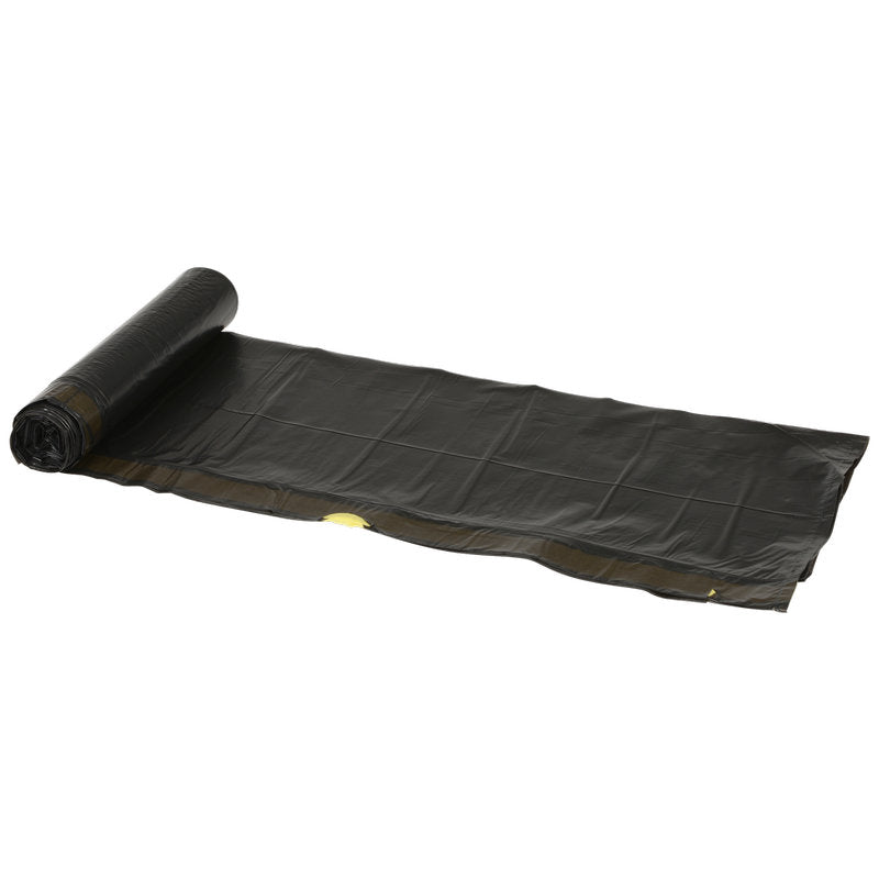 Un rouleau de sacs poubelle Abena Re-Seller GmbH 120 L, avec lien coulissant, 700x1010mm 55 my Noir (10 sacs/rouleau), avec un déroulement partiel sur fond blanc - idéal pour l'élimination des charges lourdes.