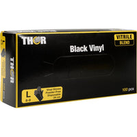 Een doos Thor Black Vinyl, Vitrile Blend, poedervrije wegwerphandschoenen, maat L (8-9), 100 stuks van Abena Re-Seller GmbH. Op de voorkant van de zwarte doos met gele accenten staan de belangrijkste gegevens over de handschoenen vermeld.