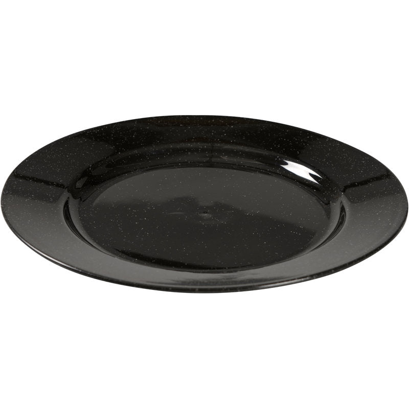 Het herbruikbare bord, zwart van Abena Re-Seller GmbH is een ronde, zwart glanzende bord met subtiel verhoogde rand - een milieuvriendelijk alternatief voor uw tafel, weergegeven in een eenvoudig ontwerp op een witte achtergrond.