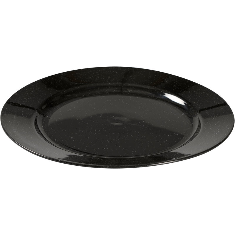 De Abena Re-Seller GmbH herbruikbare bord, zwart kenmerkt zich door een glanzend, zwart gespikkeld oppervlak en een rond ontwerp - een milieuvriendelijk alternatief voor stijlvol tafelen, weergegeven op een witte achtergrond.