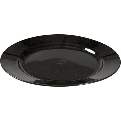 De Abena Re-Seller GmbH herbruikbare bord, zwart kenmerkt zich door een glanzend, zwart gespikkeld oppervlak en een rond ontwerp - een milieuvriendelijk alternatief voor stijlvol tafelen, weergegeven op een witte achtergrond.