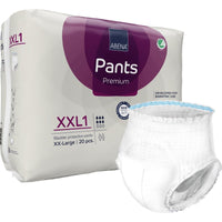 Une boîte d'ABENA Pants XXL1, Premium, de la marque Abena Re-Seller GmbH (20 pièces), des culottes jetables pour adultes, taille XXL1, idéales en cas d'incontinence et pour les personnes obèses. Une couche blanche est représentée dépliée devant la boîte.