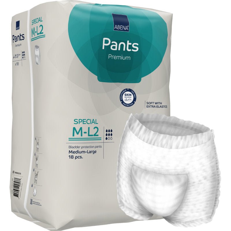 Les ABENA Pants Special Premium de Abena Re-Seller GmbH, taille moyenne, sont livrés dans un paquet de 18 culottes jetables pour adultes. L'emballage montre sur le devant une paire de sous-vêtements de protection blancs.