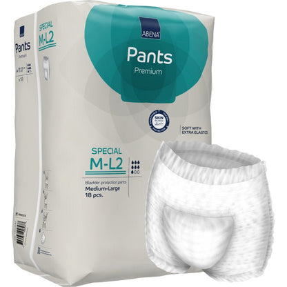 Les ABENA Pants Special Premium de Abena Re-Seller GmbH, taille moyenne, sont livrés dans un paquet de 18 culottes jetables pour adultes. L'emballage montre sur le devant une paire de sous-vêtements de protection blancs.