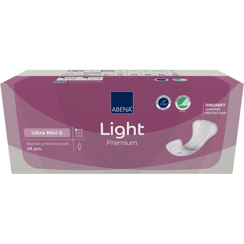 Eine rechteckige Schachtel ABENA Light Ultra Mini 0, Premium von Abena Re-Seller GmbH, enthält 24 Paar in lila Verpackung mit diskretem Auslaufschutz und zertifizierten Qualitätslogos.