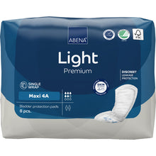 Eine Packung ABENA Light Maxi 4A, Premium (8 Stück) der Abena Re-Seller GmbH mit blau-weißer Verpackung und Tamponmotiv wirbt für diskreten Schutz und ein hautfreundliches Design bei Inkontinenz.