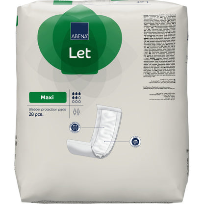 Eine Packung ABENA Let Blasenschutzeinlagen der Abena Re-Seller GmbH mit dem Produktnamen, dem Einlagentyp, der Saugfähigkeit, der Anzahl von 28 Einlagen und einer Abbildung der Einlage auf weißem und grünem Hintergrund.