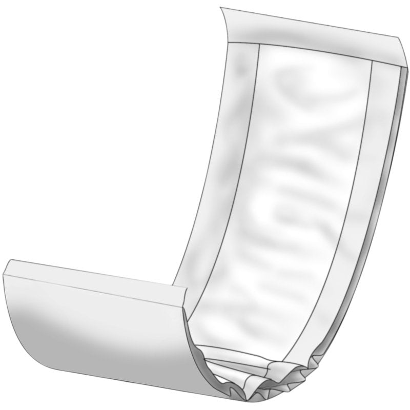 Eine Graustufen-Illustration einer geöffneten ABENA Let Einwegwindel von Abena Re-Seller GmbH, die den Blick auf die absorbierenden Innenschichten und die elastischen Ränder freigibt, die für eine bequeme Passform sorgen - ideal für den Transport in einer strapazierfähigen Tasche für unterwegs.