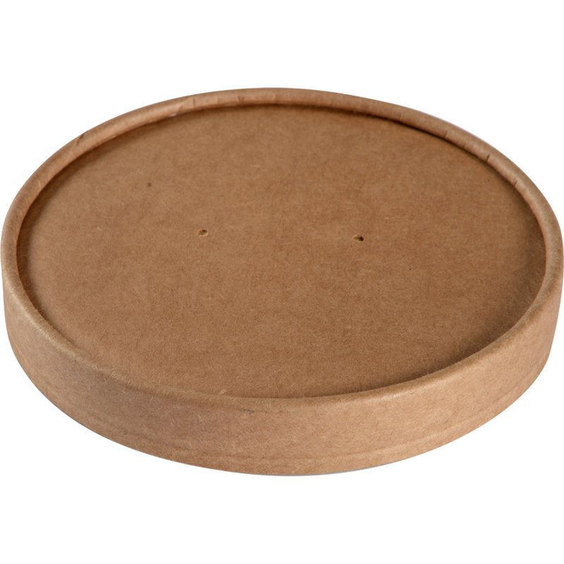 Un couvercle rond et plat en carton Kraft/PE de 11,5 cm de Abena Re-Seller GmbH avec deux petits trous au milieu, photographié sur fond blanc. Écologique et pratique. Paquet : 25 pièces.