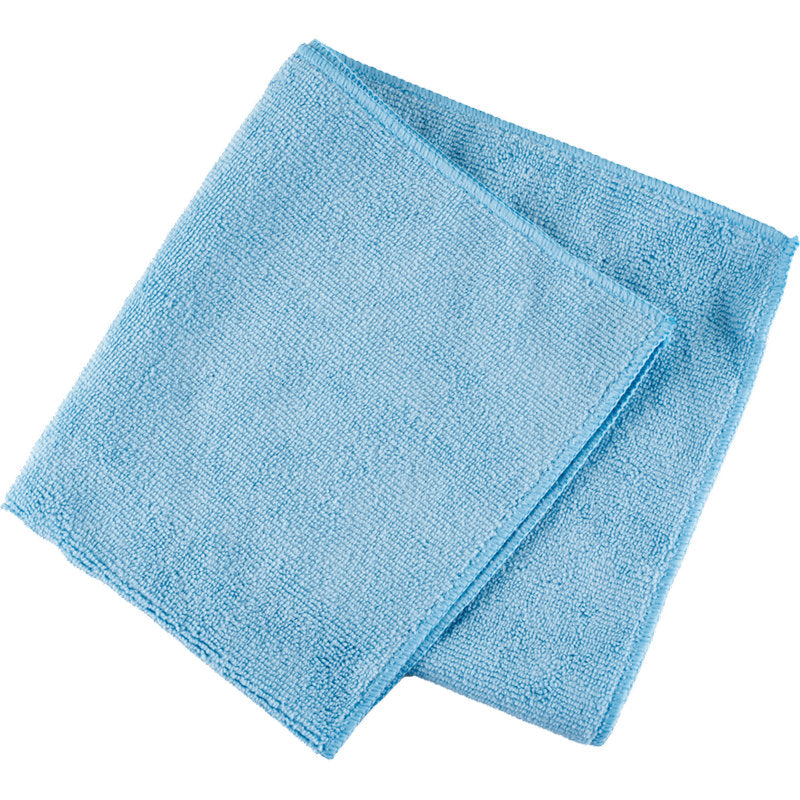 Un seul chiffon en microfibre ENA Natura (40x40 cm) de Abena Re-Seller GmbH en bleu clair est proprement plié sur un fond blanc, idéal pour un nettoyage sans traces des surfaces.