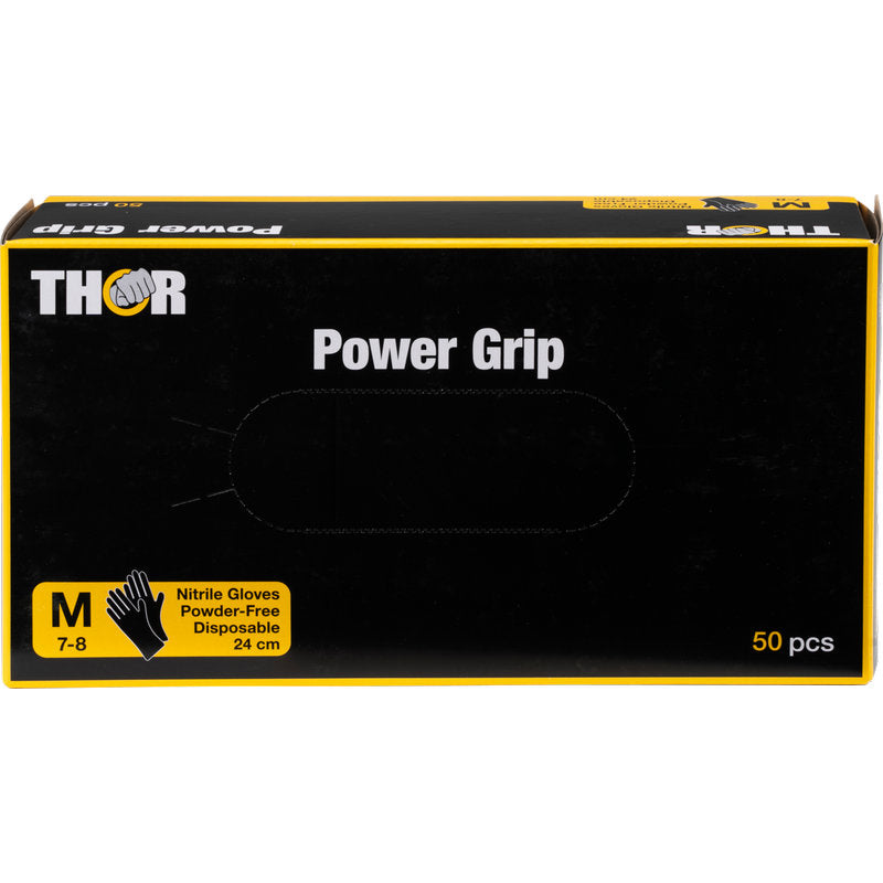 Eine Schachtel Thor Power Grip, Schwarz von Abena Re-Seller GmbH, enthält 50 mittelgroße (7-8), puderfreie Einweg-Nitrilhandschuhe (24 cm). Schwarz mit gelben Akzenten und Handschuhabbildung. Ideal für Krafttraining oder Gewichtheben.