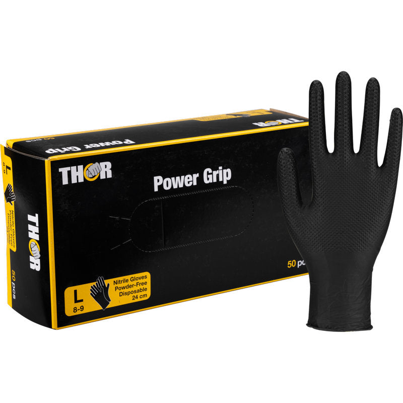 Eine Schachtel Thor Power Grip, Schwarz von Abena Re-Seller GmbH (große, puderfreie, schwarze Nitrilhandschuhe) mit einem Handschuh aufrecht stehend. Die Verpackung zeigt 50 Einweghandschuhe - ideal für Krafttraining oder Gewichtheben.