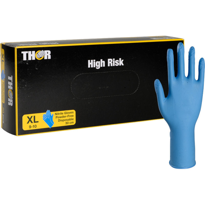 Eine schwarze Schachtel mit der Aufschrift "Thor High Risk Nitril-Handschuhe, Blau, 30 cm" der Abena Re-Seller GmbH ist mit einem aufrecht stehenden blauen Nitrilhandschuh abgebildet. Der Chemikalienschutzkarton weist darauf hin, dass die Handschuhe XL, puderfrei, Einmalhandschuhe und 30 cm lang sind.