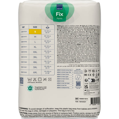 Achteraanzicht van een overwegend witte verpakking met blauwe en gele accenten voor Abena Re-Seller GmbH Fixeerbroeken ABENA Fix, Pants, Super, met maattabel, productinformatie, onderhoudsinstructies, certificeringen, barcodes en meertalige veiligheidswaarschuwingen.