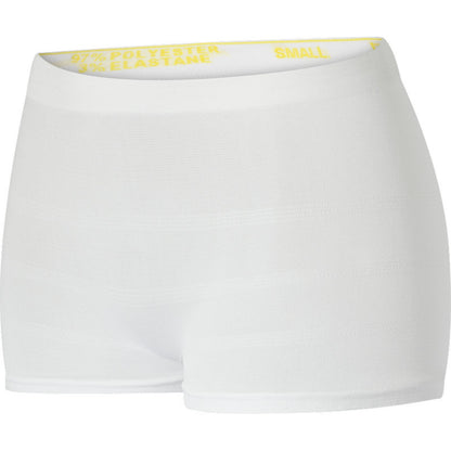 Een paar naadloze witte fixatiebroeken ABENA Fix, Pants, Super van Abena Re-Seller GmbH met een geel taillelabel dat de maat "SMALL" en de materiaalcompositie "97% Polyester, 3% Elastaan" aangeeft.