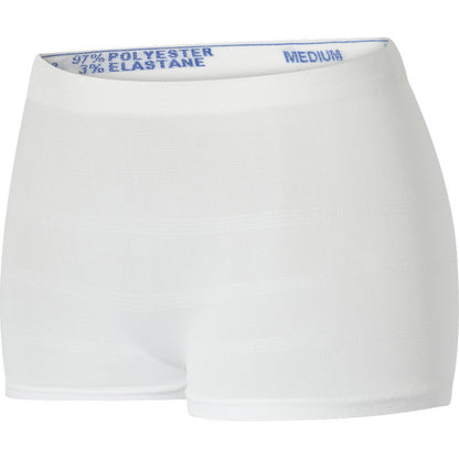 De Fixeerbroeken ABENA Fix, Pants, Super van Abena Re-Seller GmbH zijn witte, naadloos gebreide shorts (97% polyester, 3% elasthaan) in middelgrote maat, met een rekbare band en op een witte achtergrond.