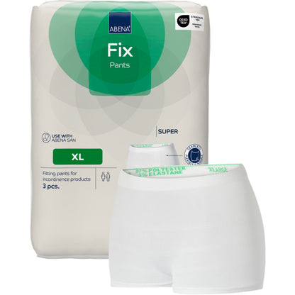 Een verpakking van Abena Re-Seller GmbH Fixeerbroeken ABENA Fix Pants Super is naast een witte netfixeerbroek afgebeeld. De verpakking bevat 3 stuks en is zowel met "Super" als met "Standard" gelabeld.