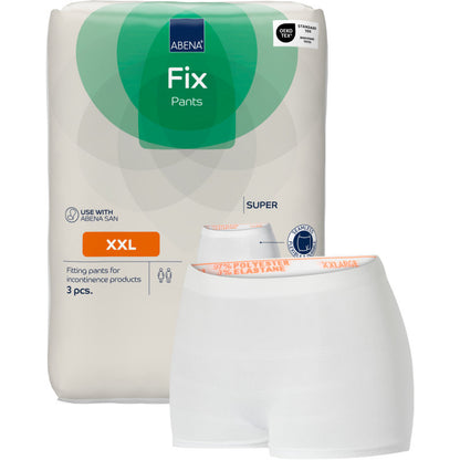 Een verpakking Abena Re-Seller GmbH Fixeerbroeken ABENA Fix Pants Super, maat XXL, voor incontinentie (3 stuks) wordt naast een paar witte netachtige onderkleding getoond.
