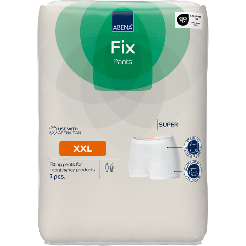Een verpakking Fixeerbroeken ABENA Fix, Pants, Super van Abena Re-Seller GmbH, maat XXL met 3 stuks in een wit-groene verpakking met productinformatie, certificeringslogo's en een broekenafbeelding op de voorkant.