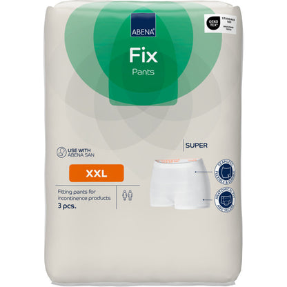 Een verpakking Fixeerbroeken ABENA Fix, Pants, Super van Abena Re-Seller GmbH, maat XXL met 3 stuks in een wit-groene verpakking met productinformatie, certificeringslogo's en een broekenafbeelding op de voorkant.