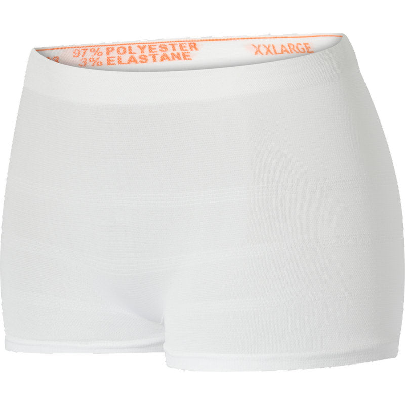 De ABENA Fixatiebroeken Fix Pants Super van Abena Re-Seller GmbH zijn witte, naadloze onderkleding in boxerstijl met een elastische tailleband met de opdruk "XXLARGE" en bestaan uit 97% Polyester en 3% Elastaan.
