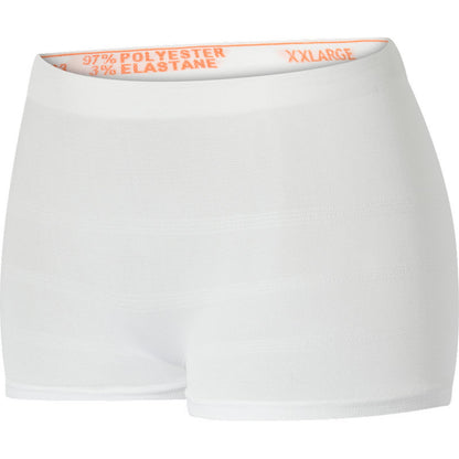 De ABENA Fixatiebroeken Fix Pants Super van Abena Re-Seller GmbH zijn witte, naadloze onderkleding in boxerstijl met een elastische tailleband met de opdruk "XXLARGE" en bestaan uit 97% Polyester en 3% Elastaan.
