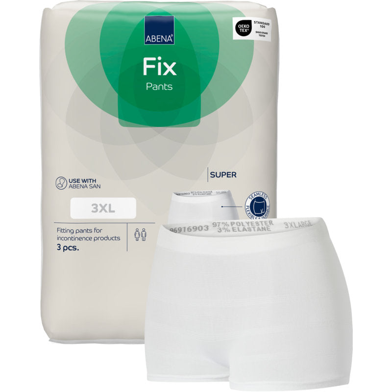 Afgebeeld is een 3-pack "Fixeerbroeken ABENA Fix, Pants, Super" van Abena Re-Seller GmbH in maat 3XL met witte wegwerp-netbroeken voor incontinentie. De verpakking is in grijs en groen gehouden.