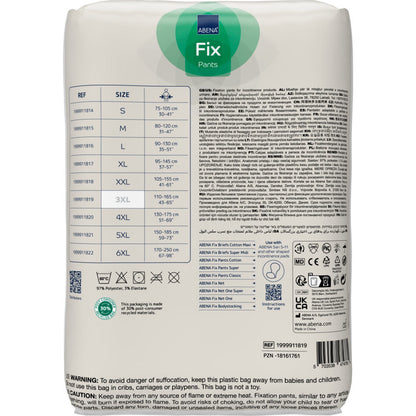 Achteraanzicht van de ABENA Fixeerbroeken ABENA Fix Pants Super-verpakking van Abena Re-Seller GmbH, met maattabel, referentienummers, wassymbolen, productdetails, certificeringen en meertalige waarschuwingen. De verpakking is wit met groene en blauwe accenten.