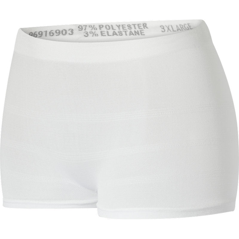 Een paar effen witte, naadloze ABENA Fix Pants Super van Abena Re-Seller GmbH met brede tailleband, geëtiketteerd met 97% Polyester, 3% Elastaan, maat 3XLarge.