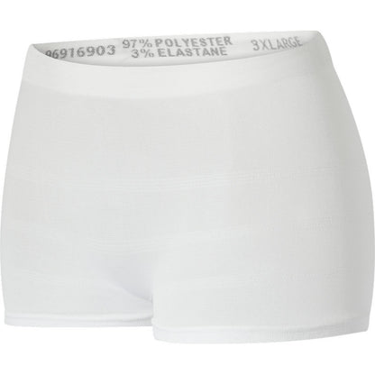 Een paar effen witte, naadloze ABENA Fix Pants Super van Abena Re-Seller GmbH met brede tailleband, geëtiketteerd met 97% Polyester, 3% Elastaan, maat 3XLarge.