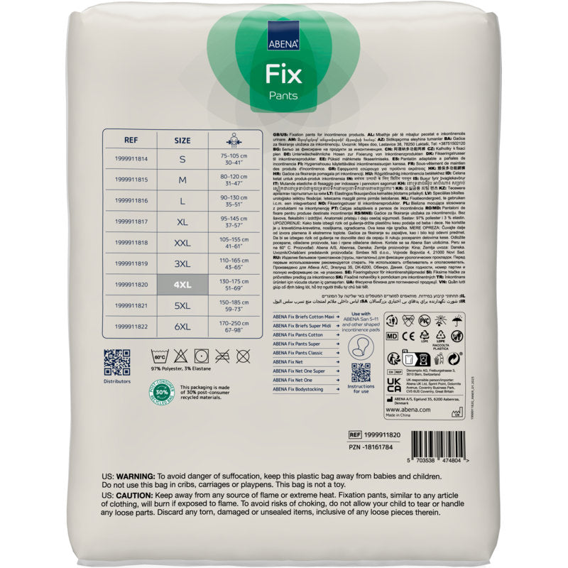 De achterkant van de Fixeerbroeken ABENA Fix, Pants, Super van Abena Re-Seller GmbH toont een maattabel, productcodes, certificeringen, gebruiksaanwijzingen, waarschuwingen en fabrikantgegevens in zwarte op witte opdruk.