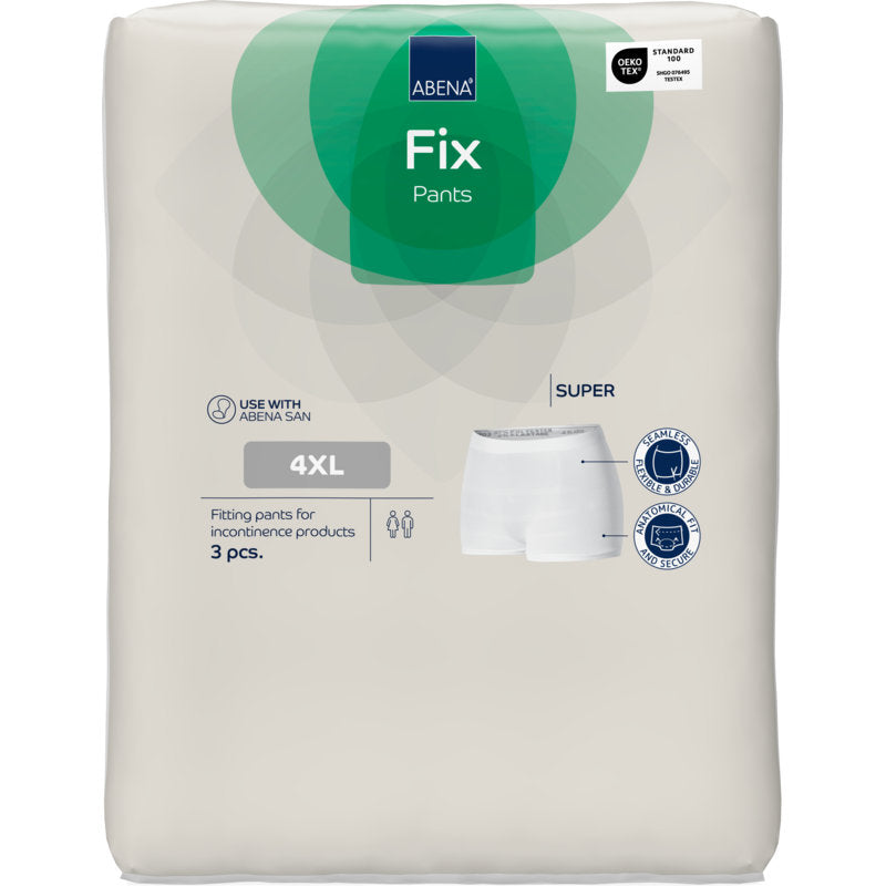 Verpakking van Abena Re-Seller GmbH Fixeerbroeken ABENA Fix Pants Super, maat 4XL, 3-pack. Beige verpakking met groene en blauwe accenten, productafbeelding en functiepictogrammen.