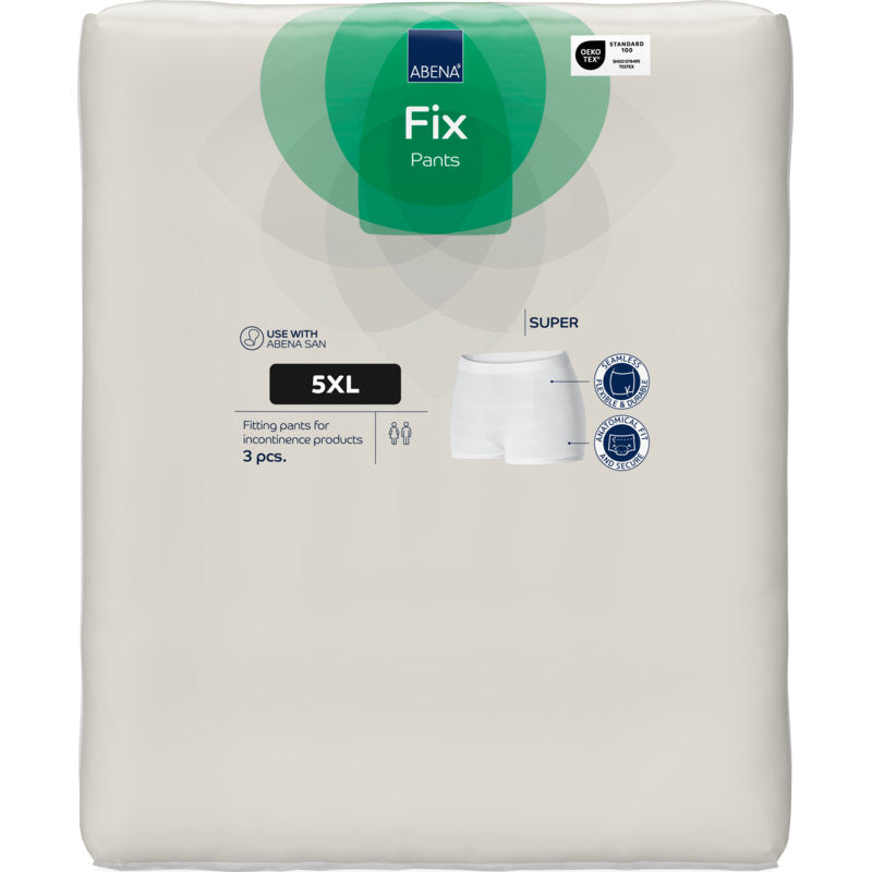 Een 3-pack Abena Re-Seller GmbH Fixeerbroeken ABENA Fix Pants Super, maat 5XL, in witte verpakking met groene en blauwe accenten met productafbeeldingen en symbolen voor gebruik met incontinentieproducten.