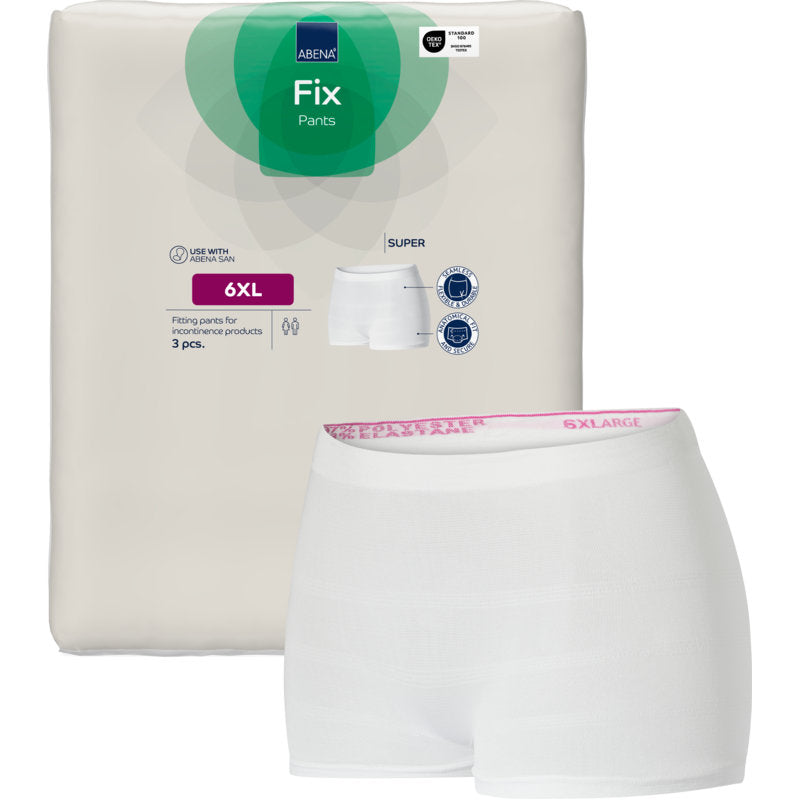 Een verpakking Fixeerbroeken ABENA Fix, Pants, Super van Abena Re-Seller GmbH wordt naast een witte incontinentiebroek van mesh met de opdruk "6X LARGE" op de tailleband getoond. Op de 3-delige verpakking zijn productdetails afgebeeld.