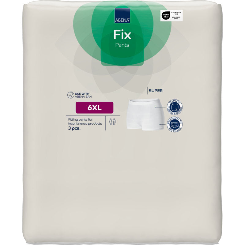 Een witte verpakking van Abena Re-Seller GmbH Fixeerbroeken ABENA Fix Pants, Super, maat 6XL (3 stuks), toont productinformatie, een broeken diagram en een gebruiksaanbeveling voor incontinentieproducten.