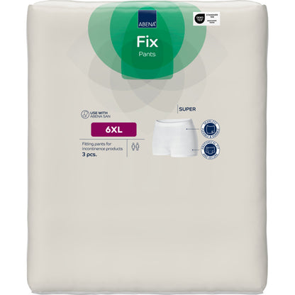 Een witte verpakking van Abena Re-Seller GmbH Fixeerbroeken ABENA Fix Pants, Super, maat 6XL (3 stuks), toont productinformatie, een broeken diagram en een gebruiksaanbeveling voor incontinentieproducten.