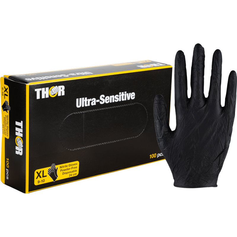Ein Thor Ultra Sensitive Nitril-Handschuh, schwarz, von Abena Re-Seller GmbH ist neben einer schwarz-gelben XL-Box mit der Aufschrift "Thor Ultra Sensitive" abgebildet, die 100 Handschuhe enthält.