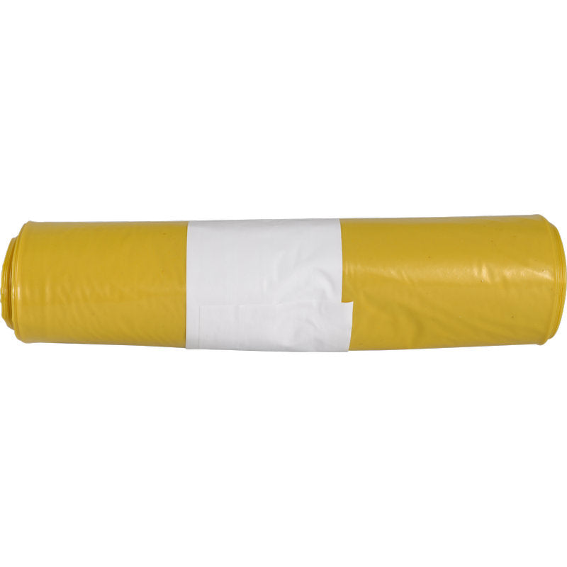Eine Rolle Abfallsäcke für Sækko Boy 40 (40 my LDPE Recycled) von Abena Re-Seller GmbH, gelb mit einem weißen rechteckigen Etikett in der Mitte, ausgestellt vor einem schlichten weißen Hintergrund.