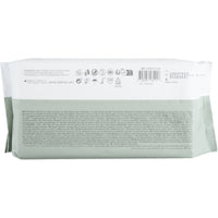 Een rechthoekige witte verpakking met vochtige verzorgingsdoekjes van Abena Re-Seller GmbH (80 stuks, met deksel, 20 x 27 cm) is vanaf de achterkant afgebeeld en toont een streepjescode, productinformatie in verschillende talen, symbolen en abena.com.