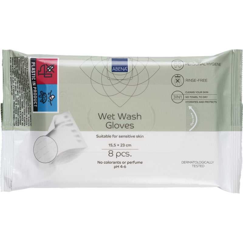 Een verpakking Abena Re-Seller GmbH vochtige washandjes (23x15,5 cm), 8 spoelrandloze handschoenen per verpakking, dermatologisch getest, pH 4-6, parfum- en kleurstofvrij - ideaal voor de gevoelige huid en hygiënische lichaamsverzorging.