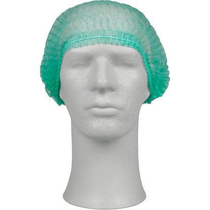 Een witte etalagekop toont een groene clipkap van PP van Abena Re-Seller GmbH, ideaal voor hygiënische bescherming in de medische sector of in de horeca. De etalagepop is naar voren gericht en staat voor een eenvoudige achtergrond.