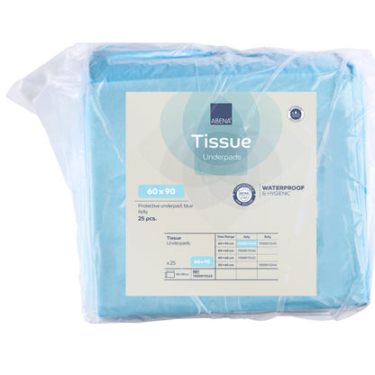 Un paquet hygiénique et imperméable de 25 alèses jetables ABENA Tissue (6 couches, 60x90 cm, bleu) de Abena Re-Seller GmbH est doté d'informations produit bleues et blanches sur l'emballage.