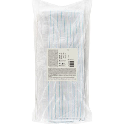 Un emballage en plastique transparent contient 25 draps blancs d'Abena Re-Seller GmbH, PE avec laminage, 48 fils, 80x170 cm. Sur le devant, une étiquette rectangulaire avec texte et symboles est collée, indiquant la protection médicale.